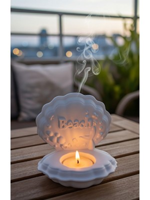 Sahil Temalı Istiridye Mum Takımı - Tealight Mum Hediyeli Denizkabuğu Mumluk