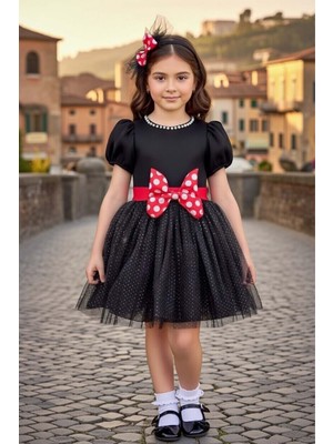 Riccotarz Kız Çocuk Bisiklet Yaka ve Inci Işlemeli Eteği Astarlı ve Simli Siyah Abiye