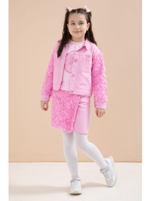 Cansın Mini Pembe Gül Detaylı Şort Etekli ve Ceketli Kız Çocuk 3lü Badili Takım 23609