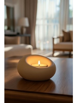 Safir Design Tasarım Oval Mumluk ve Mum Hediyesi - El Yapımı Beyaz Mumluk