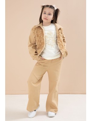 Cansın Mini Bej Önü Gül Işlemeli Ceketli Kız Çocuk Pantolonlu 3lü Alt Üst Takım 23608