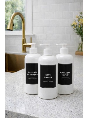 Ayça Home 3'lü Beyaz Soft Kapaklı Çamaşır Suyu,bulaşık Deterjanı ve Sıvı Sabunluk 500 ml Siyah Etiketli Plastik Şişe