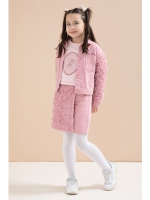 Cansın Mini Gül Kurusu Gül Detaylı Şort Etekli ve Ceketli Kız Çocuk 3lü Badili Takım 23612