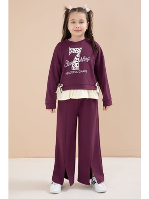 Cansın Mini Bordo Yırtmaçlı Pantolonlu Fiyonklu Yazılı Badili Kız Çocuk 2li Takım 23597