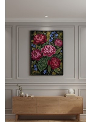 Safir Design Lüks Pembe ve Yeşil Katmerli Çiçek Duvar Sanatı | Modern Çerçeveli Tablo