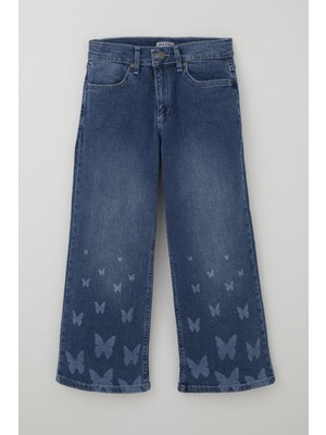 Breeze Kız Çocuk Jean Pantolon Paça Kısmı Kelebek Baskı Detaylı 6-12 Yaş, Mavi