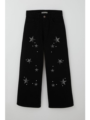 Breeze Kız Çocuk Jean Pantolon Taşlı Yıldız Aksesuarlı 10-14 Yaş, Siyah