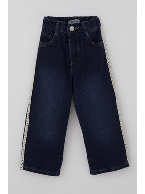 Breeze Kız Çocuk Jean Pantolon Yanları Şerit Güpür Detaylı 3-7 Yaş, Koyu Mavi