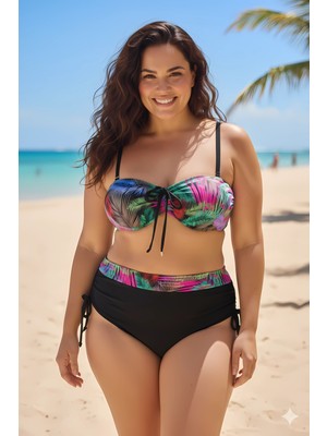 Hazelin Kadın Siyah Çok Renk Desenli  Astarlı Büyük Beden Bikini Takımı HZL25S-LC03