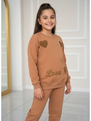 Stilera Kız Çocuk Baskılı Alt Üst Kalp Işlemeli Kahverengi Takım 11-14 Yaş