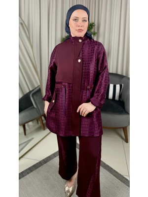 Ghisa Gold Düğmeli Kendinden Desenli Kadın Mürdüm Takım 26KGSTKM3201