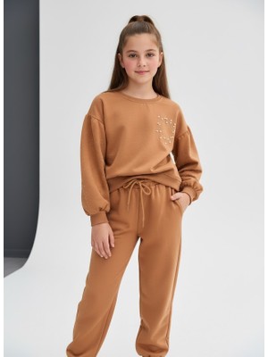 Stilera Kız Çocuk Baskılı Alt Üst Kalp Işlemeli Kahverengi Takım 11-14 Yaş