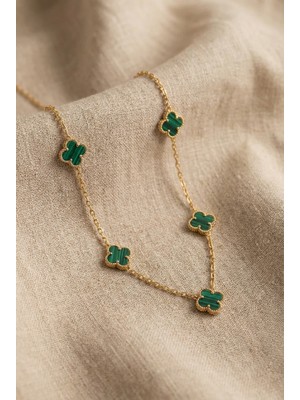 Lykos Çelik Gold Renk Minimal Yeşil Mineli Yonca Kolye