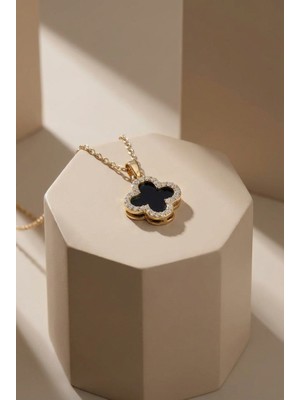 Lykos Çelik Gold Renk Siyah Mineli Zirkon Taşlı Yonca Figürlü Kolye