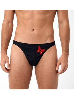 Bonbon Erkek Kırmızı Kelebek Nakışlı Siyah Renk String Külot BB2291