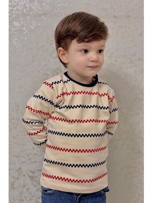 Breeze Erkek Bebek Uzun Kollu Tişört Patlı Minimal Marin Çizgili 9 Ay-3 Yaş, Krem