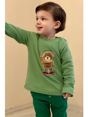 Breeze Erkek Bebek Uzun Kollu Tişört Hip Hop Ayıcık Nakışlı 9 Ay-3 Yaş, Mint Yeşili