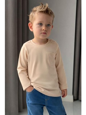 Breeze Erkek Bebek Uzun Kollu Tişört Cepli 9 Ay-3 Yaş, Bej