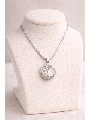 Youday Paslanmaz Çelik Ay Yıldız Kolye MODEL 6  – Sedef Görünümlü Zirkon Taşlı Zarif Tasarım | Kararmaz Kadın Kolyesi