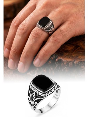 Silvera Telkari 925 Ayar Gümüş Siyah Oniks Taşlı Gümüş Erkek Yüzük ST408