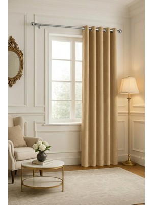 Bercem Home Kadife Dokulu Fon Perde - Bej - Kuş Gözlü Dikim - (Rustik Için)