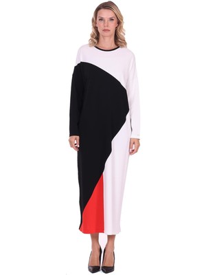 Invee Gometrik Düz Kesim Triko Elbise Siyah