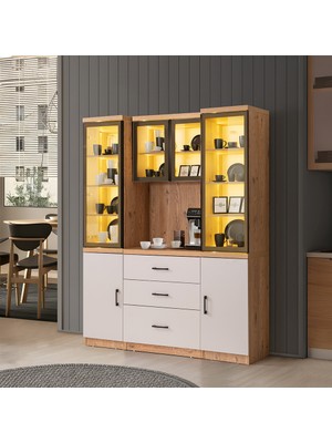 Setay Vitrinli Ünite, Adrea Kahve Köşesi + Çok Amaçlı Raflı Iki Kapaklı Dolap