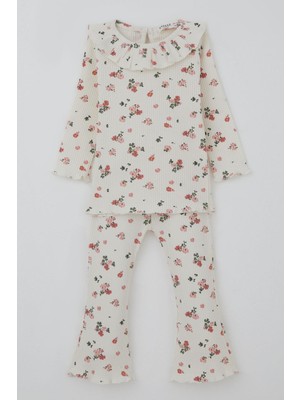 Breeze Kız Bebek Taytlı Takım Çiçek Desenli Yaka Kısmı Fırfır Detaylı 6 Ay-2 Yaş, Ekru