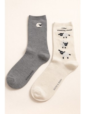 Kadın 2'li Kuzu Desenli Soket Çorap Ekru Mix