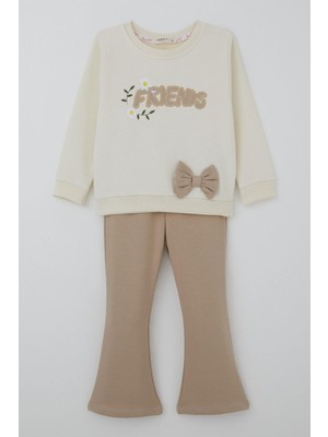 Breeze Kız Çocuk Taytlı Takım Dostluk Papatyası Nakış Baskılı 2-6 Yaş, Krem