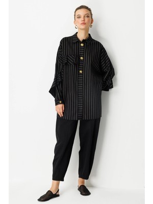 Ghisa Kadın Çizgili Düğme Detaylı Siyah Takım 25YGSTKM4975