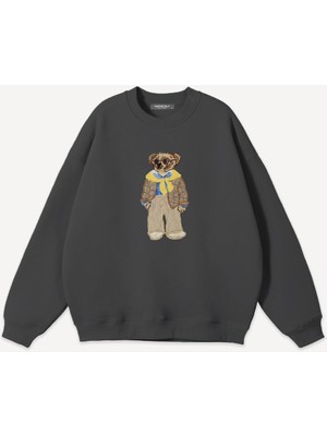 Mad&Calf  Unisex Teddy Guy Baskılı Bisiklet Yaka Oversize Sweatshirt