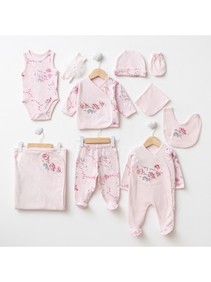 Eda Baby Yenidoğan Kız Bebek Nakışlı Gül Desenli 10’lu Hastane Çıkış Seti - %100 Pamuk