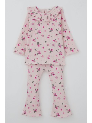 Breeze Kız Bebek Taytlı Takım Çiçek Desenli Yaka Kısmı Fırfır Detaylı 6 Ay-2 Yaş, Pudra