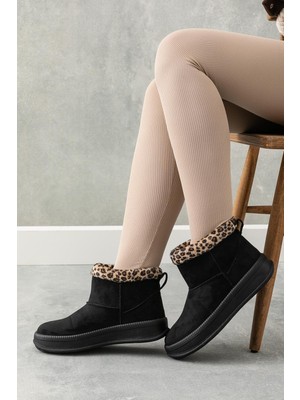 GOLDER Kadın Siyah Leopar Kaymaz Taban Içi Yünlü Kışlık Bot