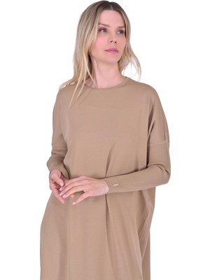 Invee Sıkma Kol Triko Elbise Camel