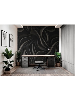 Siyah ve Antrasit Tonlarında Soyut Akıcı 3D Duvar Kağıdı