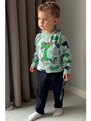 Breeze Erkek Bebek Eşofman Takımı Dinozor Baskılı 9 Ay-3 Yaş, Su Yeşili
