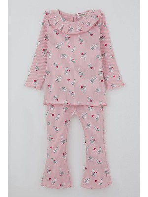 Breeze Kız Bebek Taytlı Takım Çiçek Desenli Yaka Kısmı Fırfır Detaylı 6 Ay-2 Yaş, Pembe