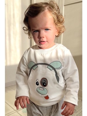 Breeze Erkek Bebek Eşofman Takımı Kulaklıklı Köpekçik Nakışlı 9 Ay-3 Yaş, Beyaz