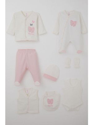 Breeze Kız Bebek Hastane Çıkışı 8 Li Fiyonk & Kelebek Nakışlı 0-3 Ay, Ekru