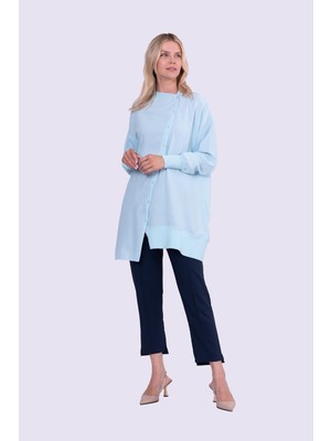 Invee Triko Detaylı Asimetrik Gömlek Mavi