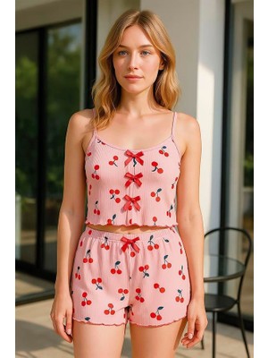 Amora Secret Özel Tasarım  Pembe Kıraz Desenlı Kurdelalı Askılı Şortlu Pıjama Takımı