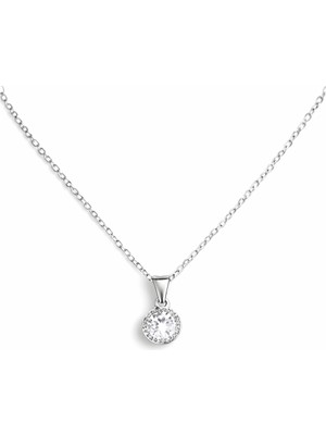 Tek Taş Gümüş Renk Çelik Kolye Renk Atmaz ve Kararmaz