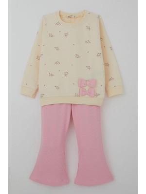 Breeze Kız Çocuk Taytlı Takım Ispanyol Paça Çiçek Desenli Fiyonk Detaylı 1.5-5 Yaş, Krem