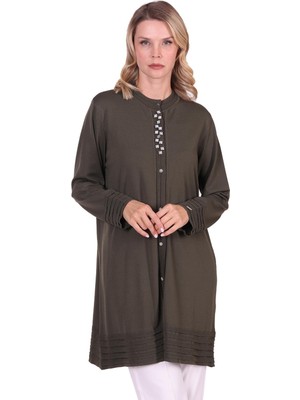 Invee Merdiven Triko Taşlı Hırka Haki