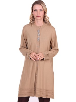 Invee Merdiven Triko Taşlı Hırka Camel