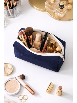 Pazar Kapısı Lüks Lacivert Kot Makyaj ve Kozmetik Seyahat Çantası