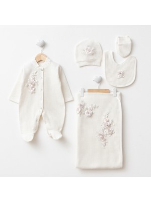 Eda Baby Ithal Dantel Detaylı Premium Waffle Kumaş Bebek Takımı - 5'li Set %100 Pamuk