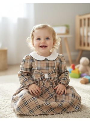 Lumia Laura Baby  Kız Bebek Çocuk Ekoseli Fiyonklu Bebe Yaka Elbise